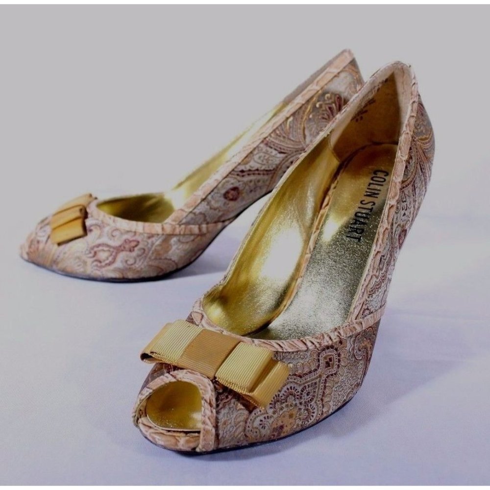 Colin Stuart Size 9M Peep Toe Pumps Heels Shoes Brown Gold Tapestry Camel Print